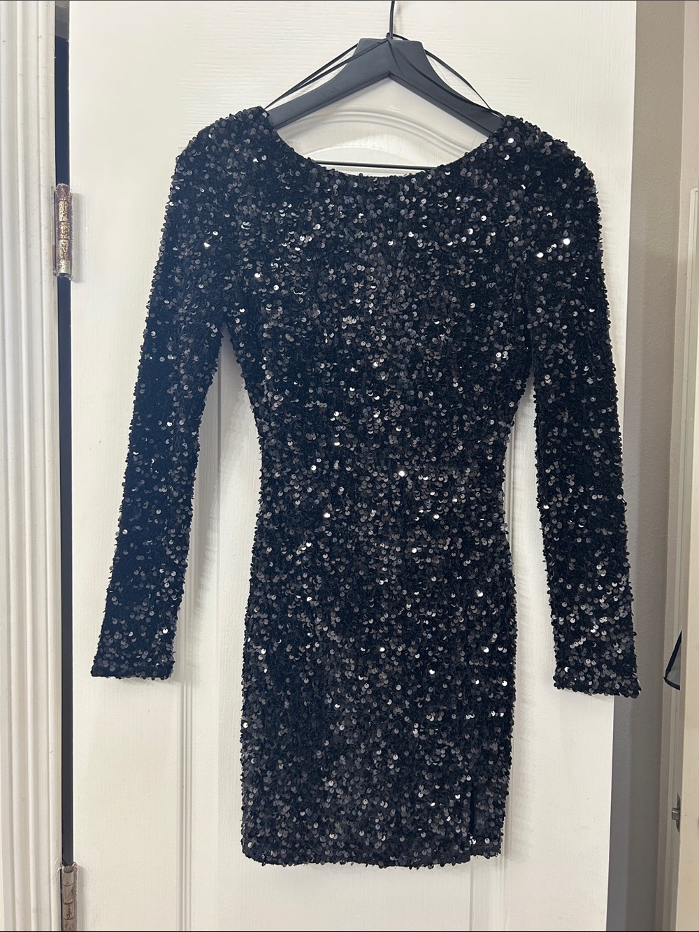Black Sequin Long-Sleeve Cocktail Dress